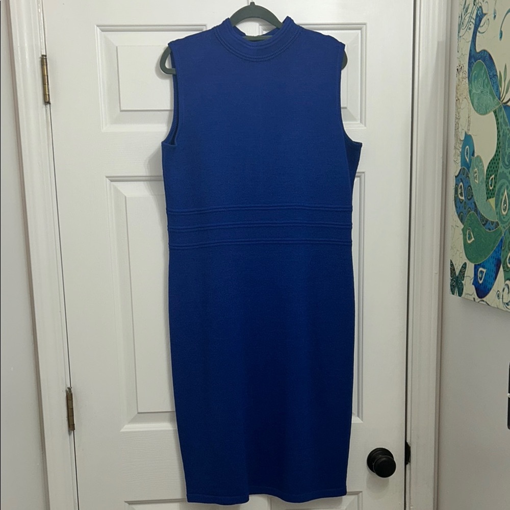 Blue Sleeveless Sheath Midi Dress with Mock Neck
